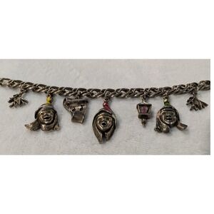 Vintage Silver Tone Caroler Charm Bracelet Holiday Winter Enamel Rhinestone 7.5"